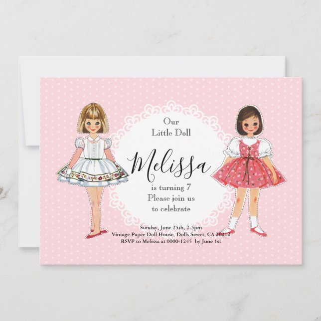 Invitación de cumpleaños de fiesta con muñecas de  (Anverso)