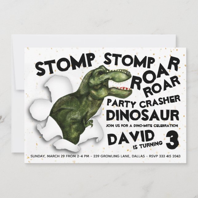 Invitación de cumpleaños de fiesta Crasher Dinosau (Anverso)