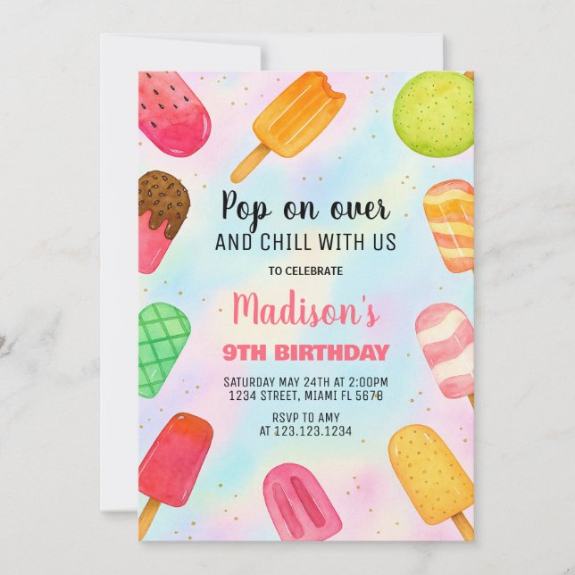Invitación de cumpleaños de Fiesta Cute Popsicle (Anverso)
