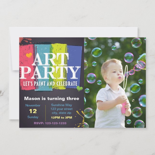 Invitación de cumpleaños de Fiesta de arte con fot (Anverso)