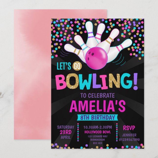 Invitación de cumpleaños de Fiesta de boliche (Anverso / Reverso)