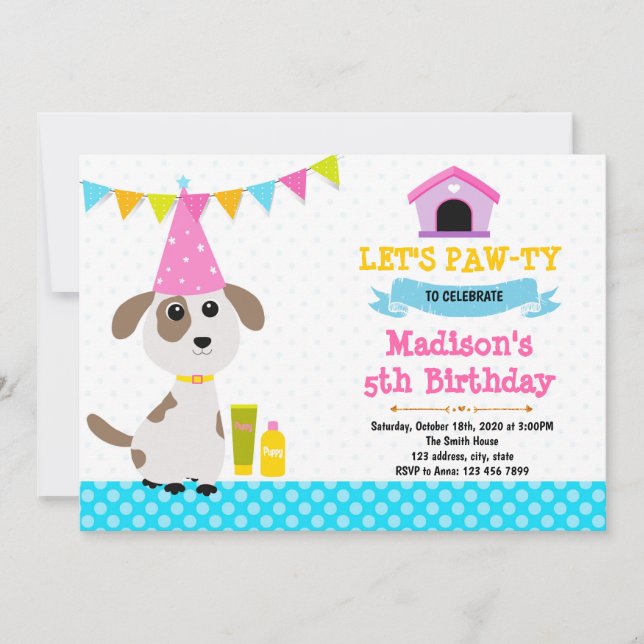 invitación de cumpleaños de fiesta de cachorro lin (Anverso)