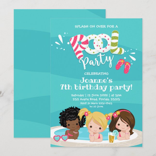 Invitación de cumpleaños de Fiesta de Chicas educa (Anverso / Reverso)