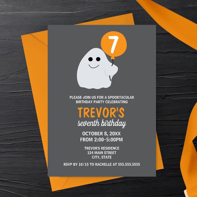 Invitación de cumpleaños de fiesta de fantasmas de (Orange Minimalist Cartoon Ghost Halloween Birthday Party Invitation)