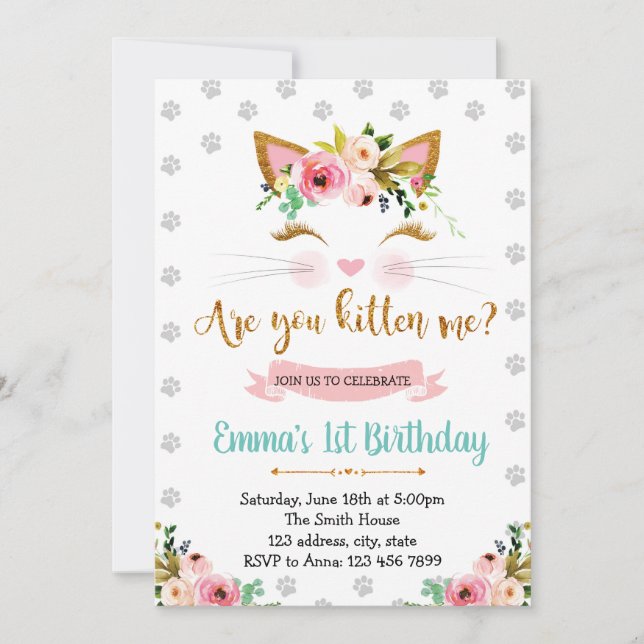 Invitación de cumpleaños de fiesta de felino lindo (Anverso)