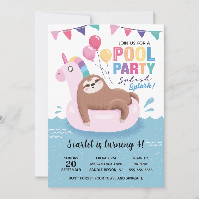 Invitación de cumpleaños de Fiesta de la piscina d (Anverso)