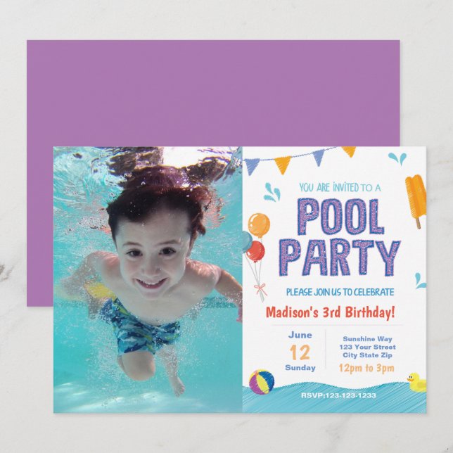Invitación de cumpleaños de Fiesta de la piscina d (Anverso / Reverso)