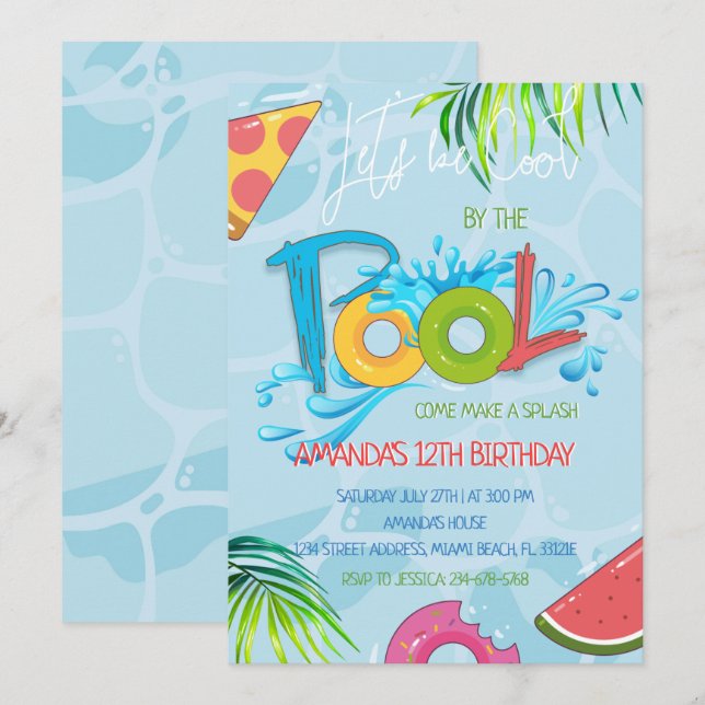 Invitación de cumpleaños de Fiesta de la piscina d (Anverso / Reverso)