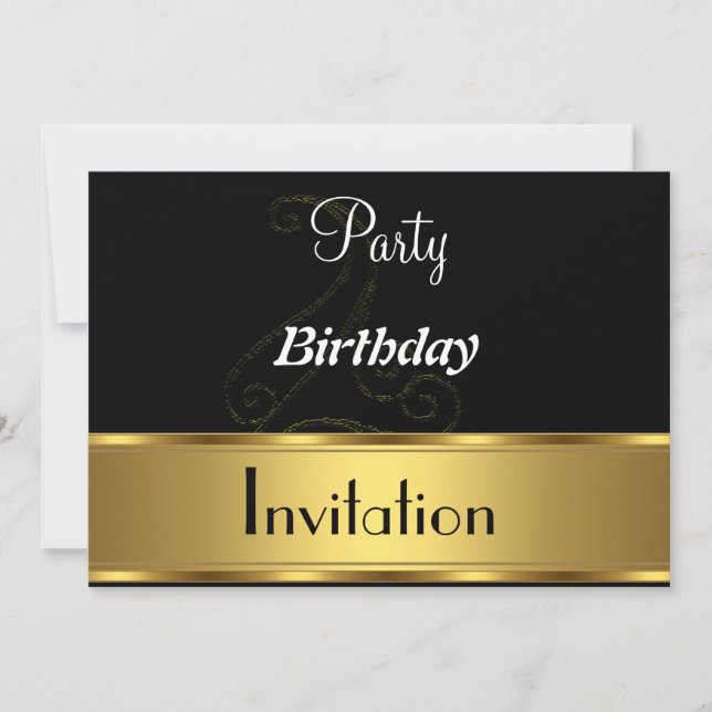 Invitación de cumpleaños de fiesta de oro negro (Anverso)