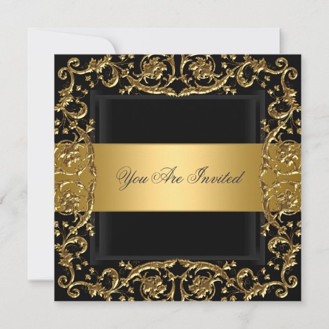 Invitación de cumpleaños de fiesta de oro negro (Anverso)