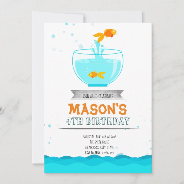 Invitación de cumpleaños de fiesta de peces dorado (Anverso)