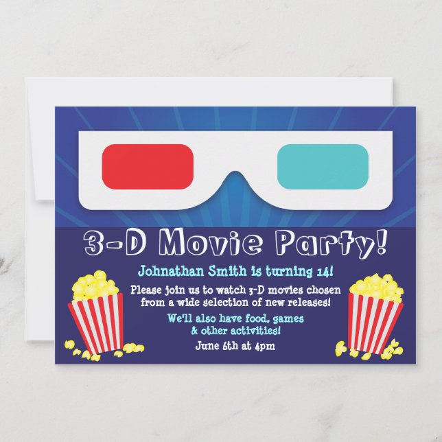 Invitación de cumpleaños de Fiesta de películas 3D (Anverso)