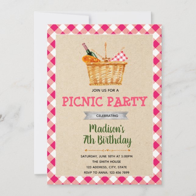 Invitación de cumpleaños de fiesta de picnic (Anverso)