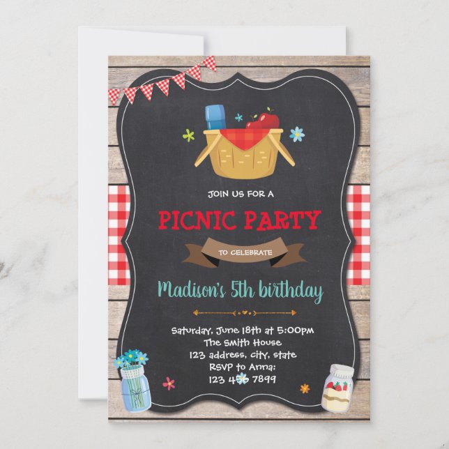 Invitación de cumpleaños de fiesta de picnic lindo (Anverso)