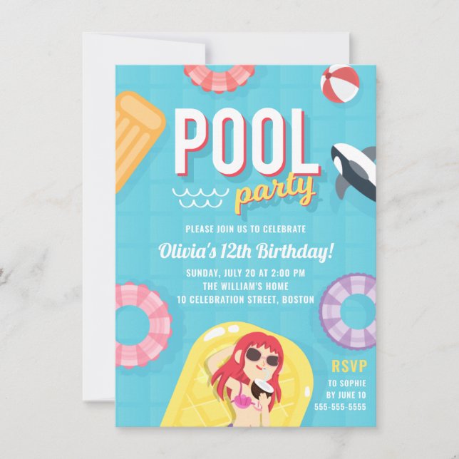 Invitación de cumpleaños de Fiesta de piscina de c (Anverso)
