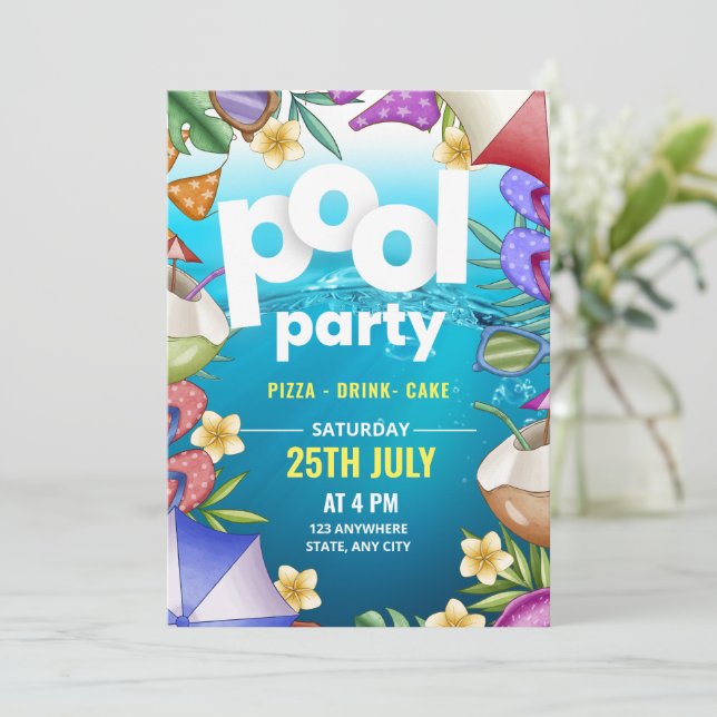 Invitación de cumpleaños de Fiesta de piscina, fie (Anverso de pie)