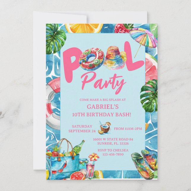 Invitación de cumpleaños de Fiesta de piscina mode (Anverso)