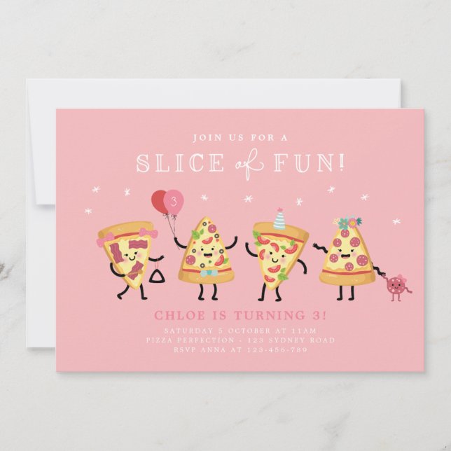 Invitación de cumpleaños de Fiesta de pizza cute,  (Anverso)