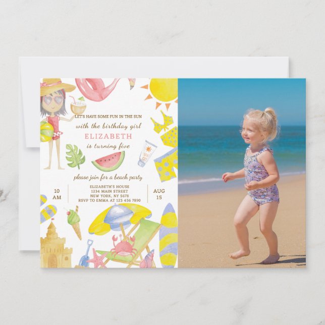 Invitación de cumpleaños de Fiesta de playa con fo (Anverso)