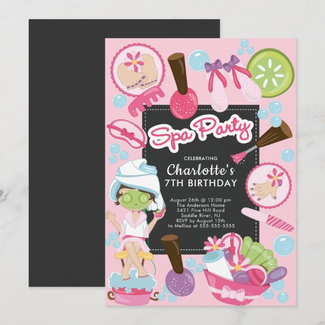 Invitación de cumpleaños de Fiesta de spa Cute (Anverso / Reverso)