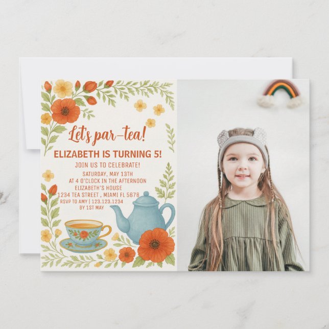 Invitación de cumpleaños de Fiesta de té con elega (Anverso)