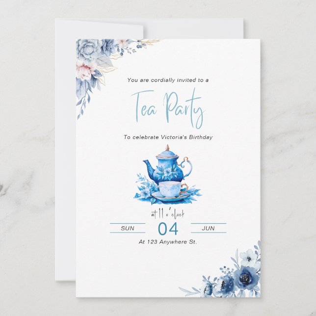 Invitación de cumpleaños de Fiesta de té con Flora (Anverso)
