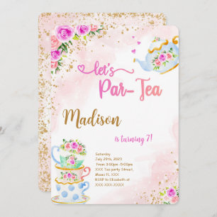 Invitación de cumpleaños de Fiesta de té dorado y 
