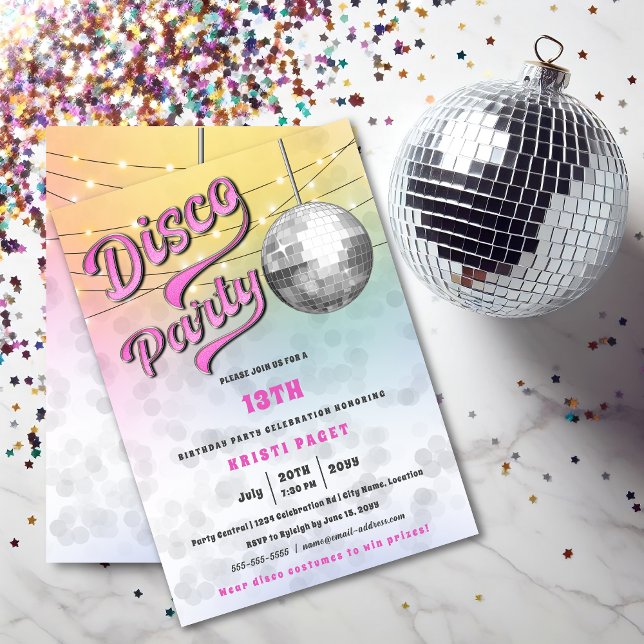 Invitación de cumpleaños de Fiesta discoteca rosa (Fun disco party invitation front and back view.)