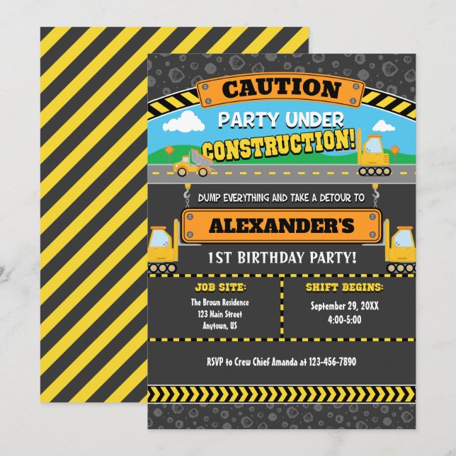 Invitación de cumpleaños de fiesta en construcción (Anverso / Reverso)