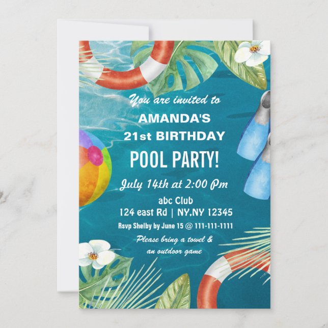 Invitación de cumpleaños de fiesta en piscina de v (Anverso)