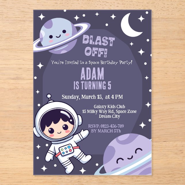 Invitación de cumpleaños de fiesta espacial | Astr (Anverso)
