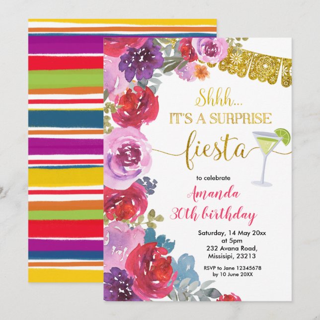 Invitación de cumpleaños de Fiesta Foral Surprise (Anverso / Reverso)