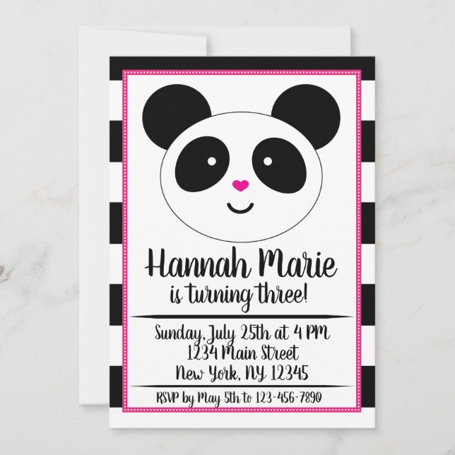 Invitación de cumpleaños de Fiesta panda a rayas (Anverso)
