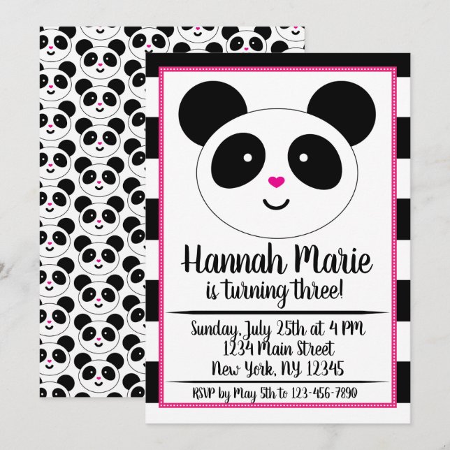 Invitación de cumpleaños de Fiesta panda a rayas (Anverso / Reverso)