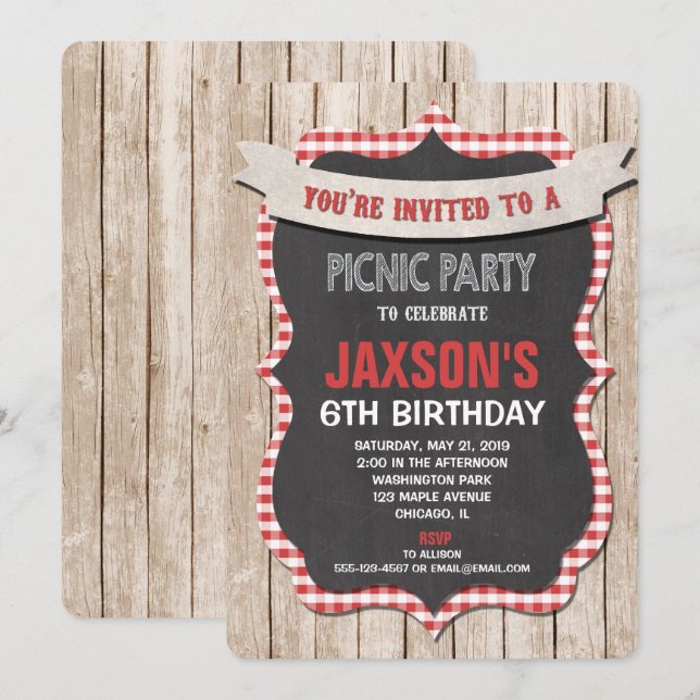 Invitación de cumpleaños de fiesta picnic gingham  (Anverso / Reverso)