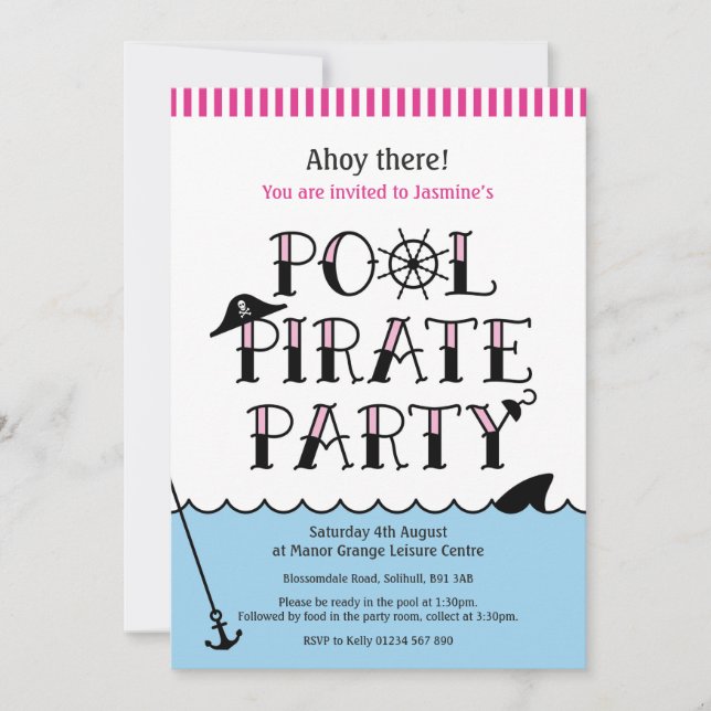Invitación de cumpleaños de Fiesta pirata de pisci (Anverso)