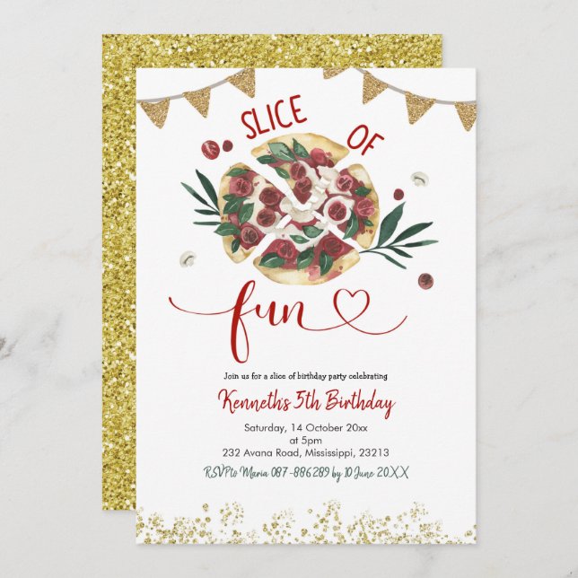 Invitación de cumpleaños de Fiesta Pizza (Anverso / Reverso)