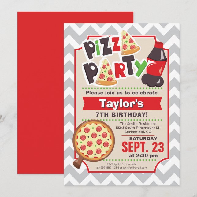 Invitación de cumpleaños de Fiesta Pizza (Anverso / Reverso)