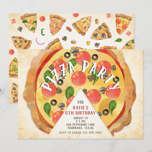 Invitación de cumpleaños de Fiesta Pizza (Anverso / Reverso)
