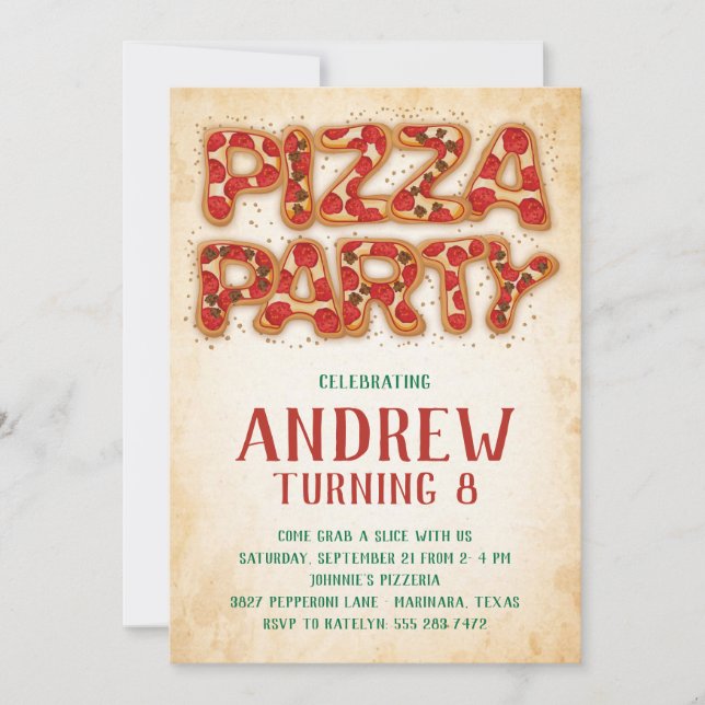 Invitación de cumpleaños de Fiesta Pizza (Anverso)
