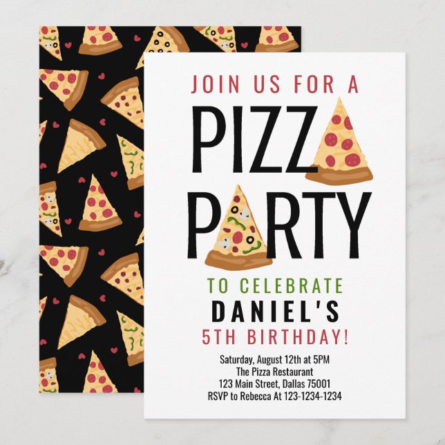 Invitación de cumpleaños de Fiesta Pizza (Anverso / Reverso)