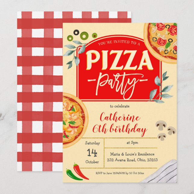 Invitación de cumpleaños de Fiesta Pizza (Anverso / Reverso)