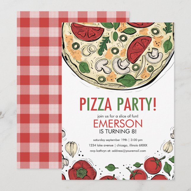 Invitación de cumpleaños de Fiesta Pizza (Anverso / Reverso)