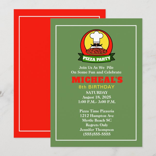 Invitación de cumpleaños de Fiesta Pizza para niño (Anverso / Reverso)