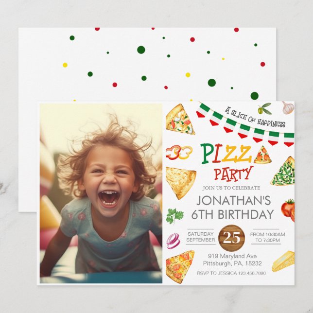 Invitación de cumpleaños de Fiesta Pizza para niño (Anverso / Reverso)