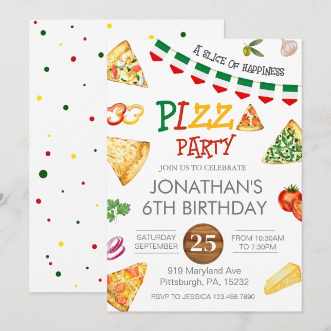 Invitación de cumpleaños de Fiesta Pizza para niño (Anverso / Reverso)