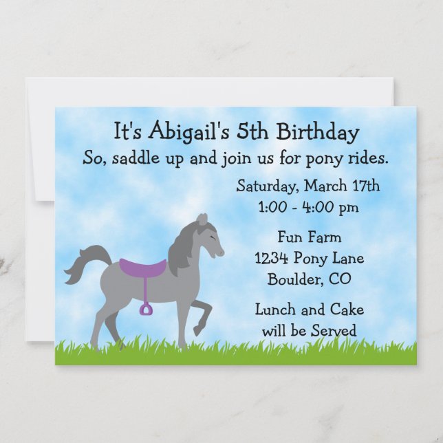 Invitación de cumpleaños de Fiesta Pony para Chica (Anverso)