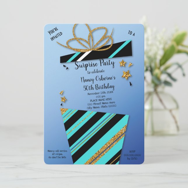 Invitación de cumpleaños de Fiesta sorpresa (Anverso de pie)