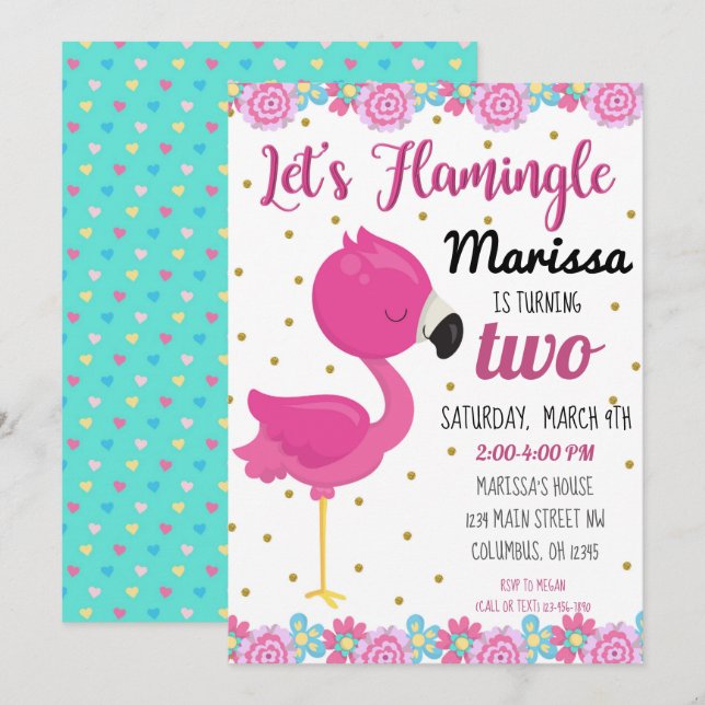 Invitación de cumpleaños de flamenco, Flamingle (Anverso / Reverso)