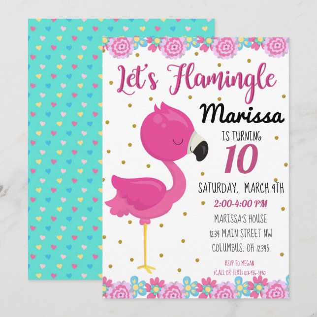 Invitación de cumpleaños de flamenco, Flamingle (Anverso / Reverso)